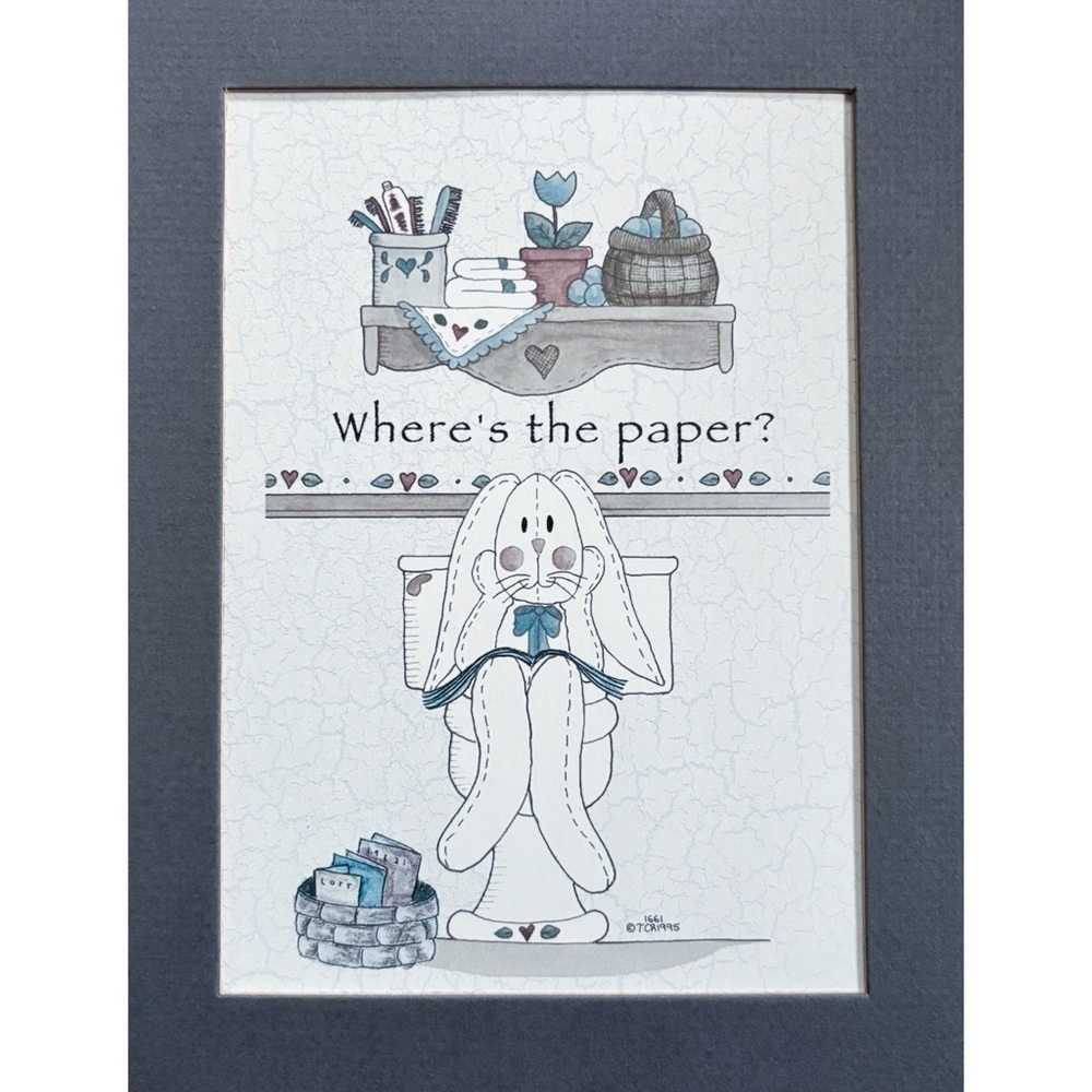 Vintage Bunny On Toilet Funny Bathroom Art Print Cottagecore Rustic Farmhouse